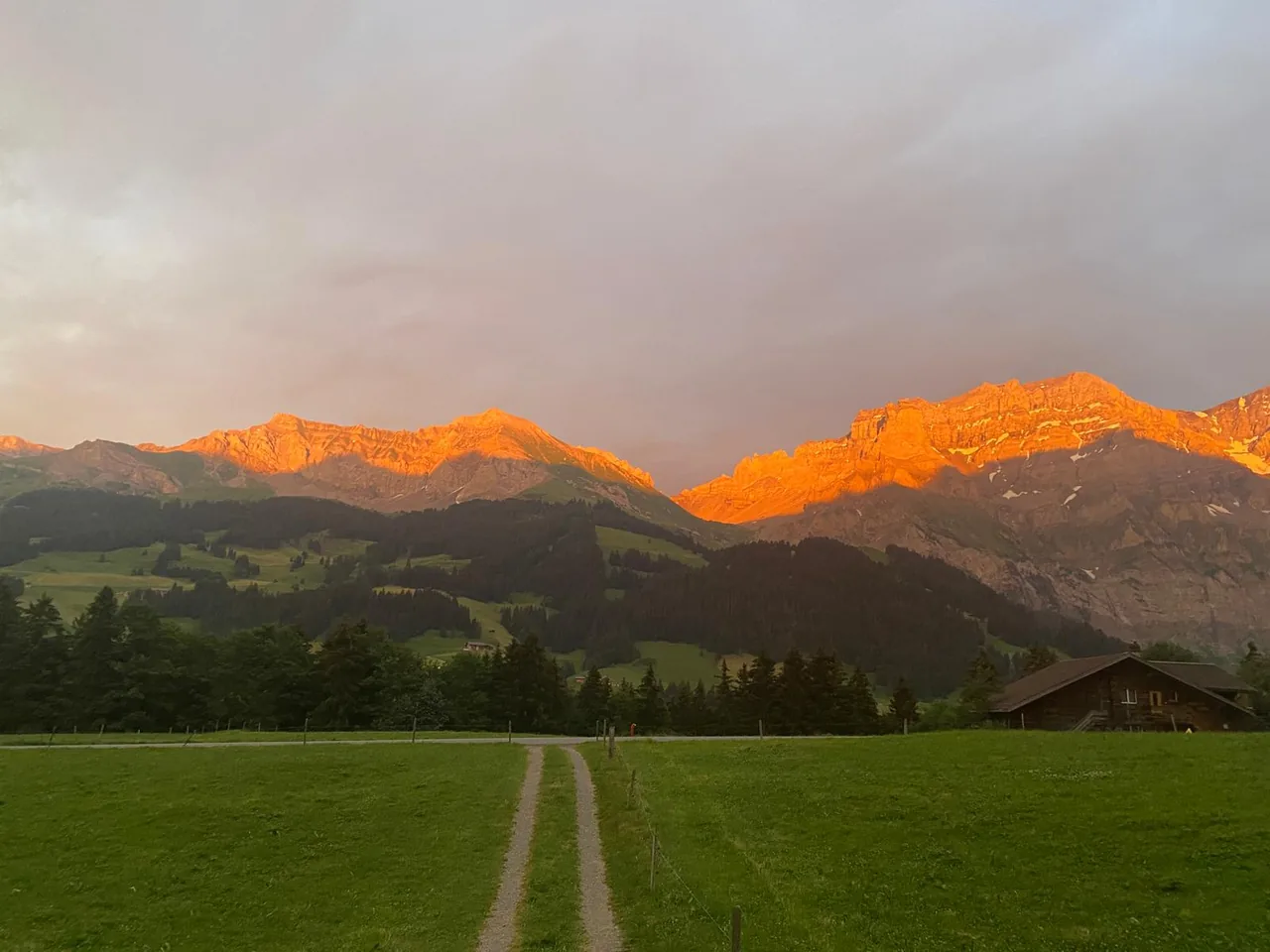 Alpenglühen über den Bergen bei Adelboden, Wiesenweg im Vordergrund